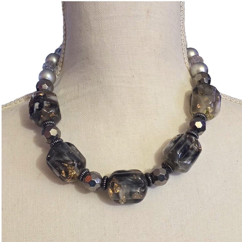 Vintage Necklace Chunky Lucite Statement Acrylic Bead Silver Gray Gold Foiled